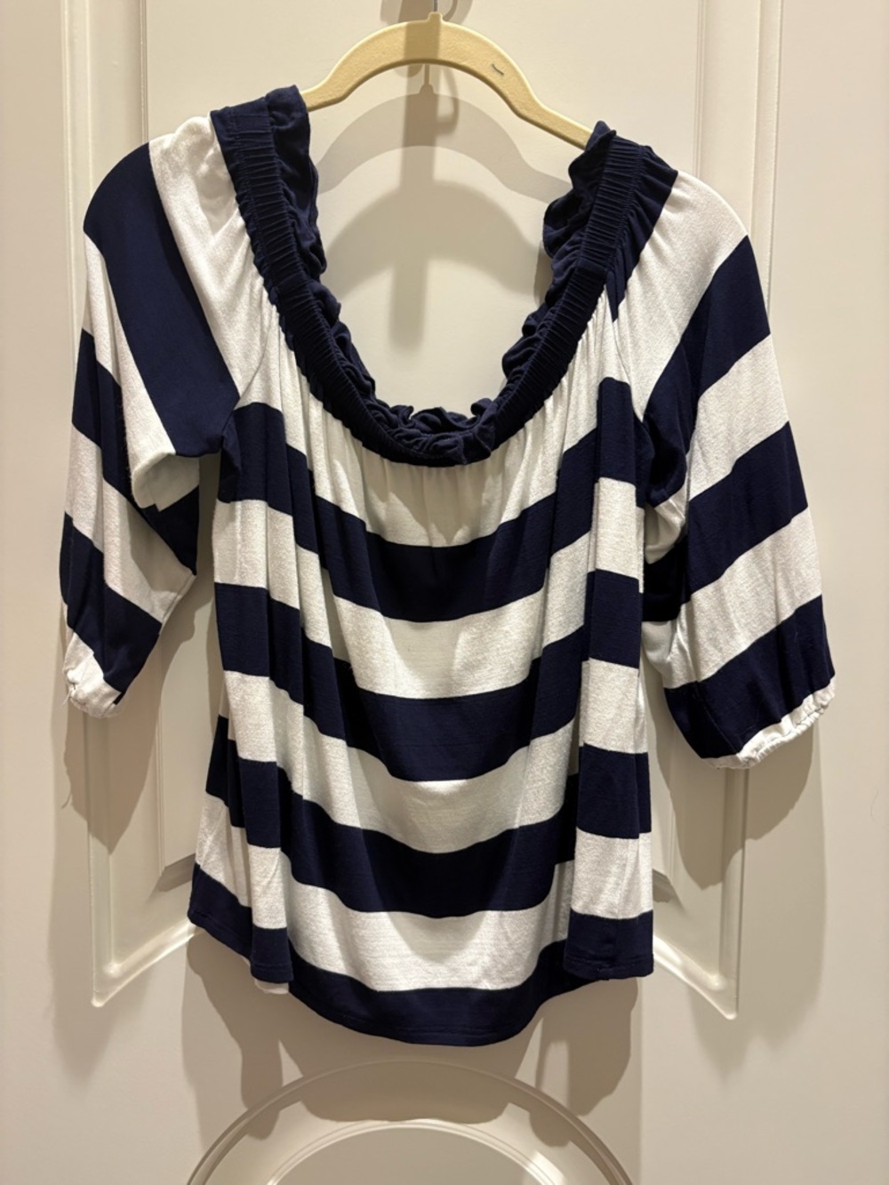 Three Dots Navy and White Striped Ruffled off the shoulder Top